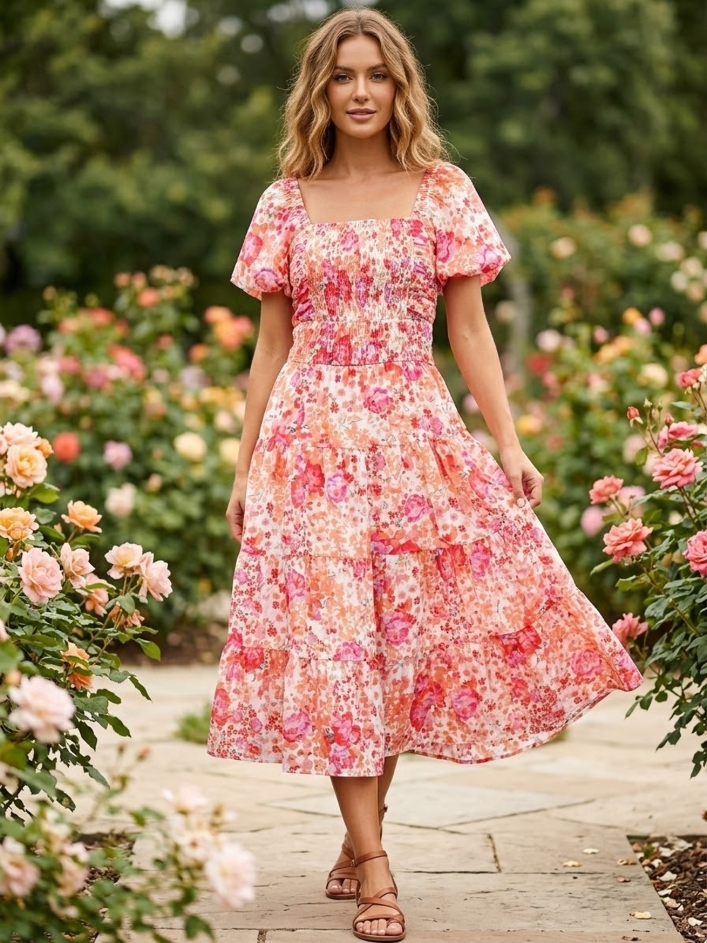 THML Pink and Peach Floral Square-Neck Midi Dress
